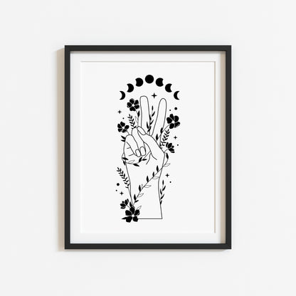 Celestial style hand peace sign doodle flowers + moon phases, office unframed wall art poster print