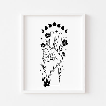 Celestial style hand peace sign doodle flowers + moon phases, office unframed wall art poster print