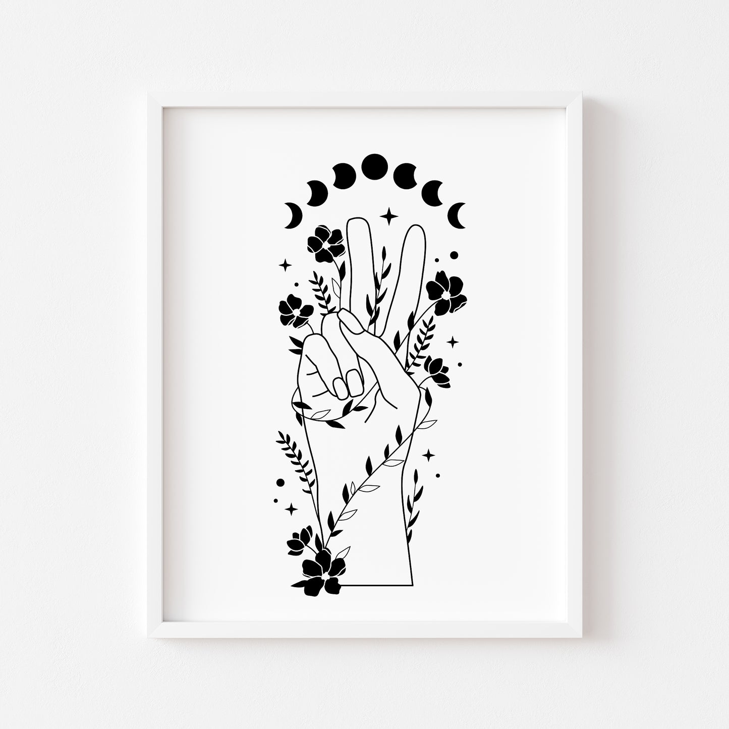 Bedroom print, Peace sign floral celestial moon phase bedroom unframed wall art poster print