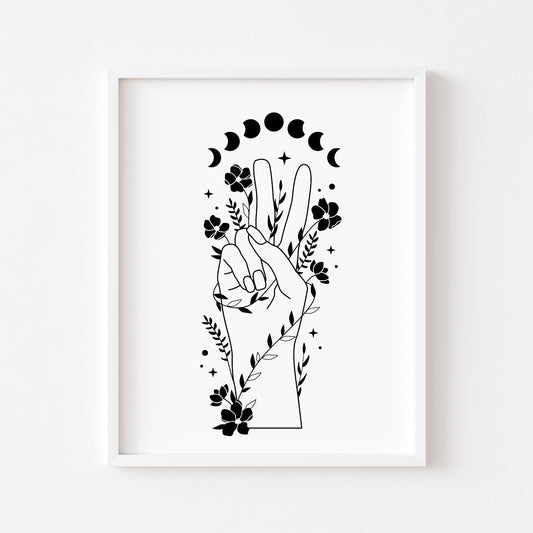 Bedroom print, Peace sign floral celestial moon phase bedroom unframed wall art poster print