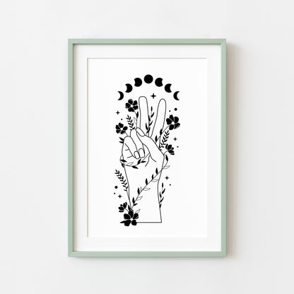 Celestial style hand peace sign doodle flowers + moon phases, office unframed wall art poster print