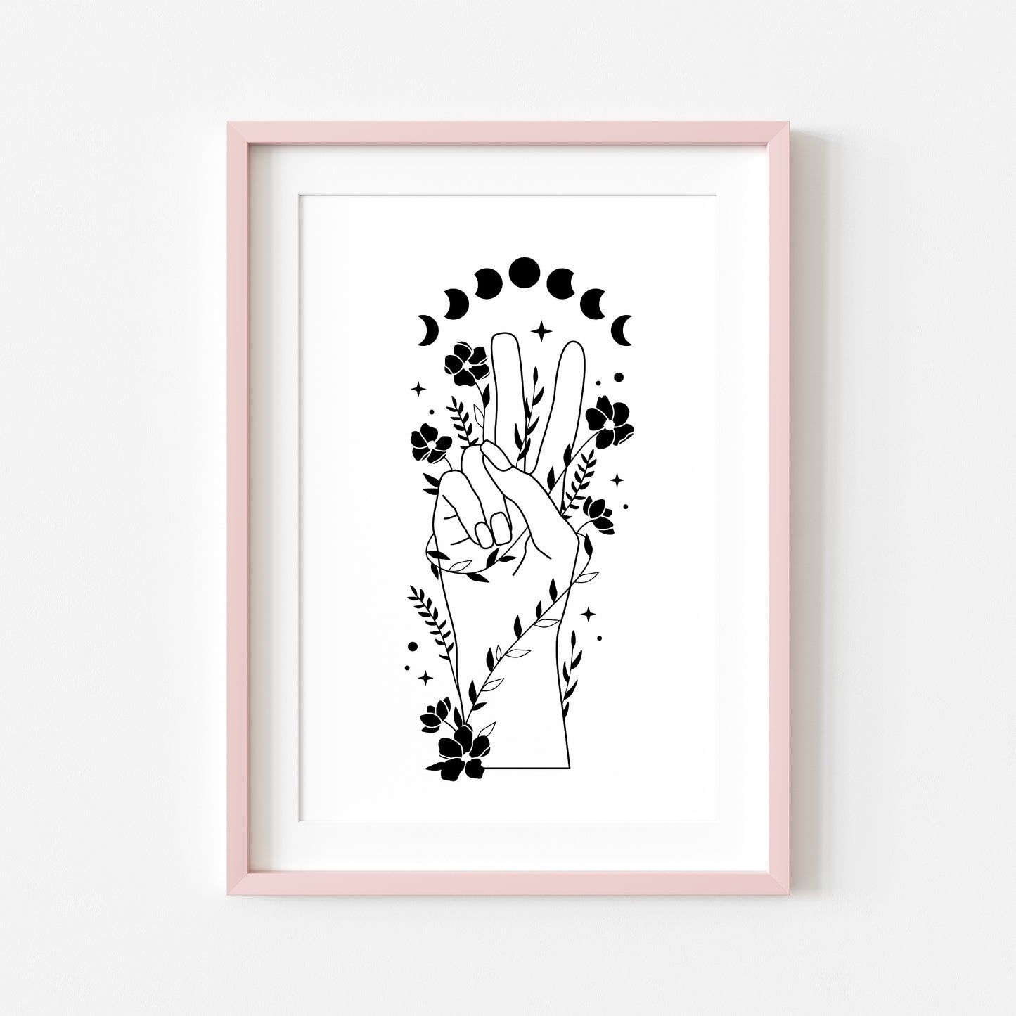 Celestial style hand peace sign doodle flowers + moon phases, office unframed wall art poster print