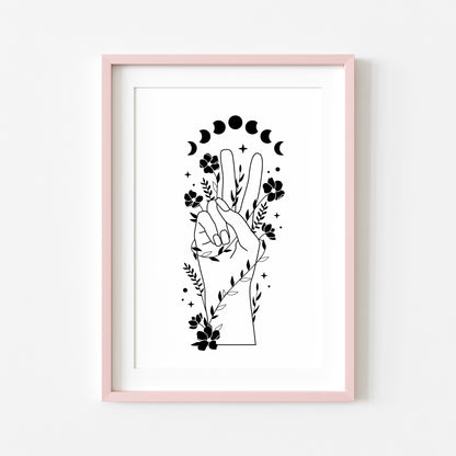 Celestial style hand peace sign doodle flowers + moon phases, office unframed wall art poster print