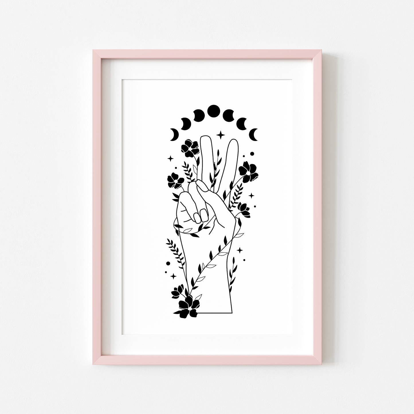 Bedroom print, Peace sign floral celestial moon phase bedroom unframed wall art poster print