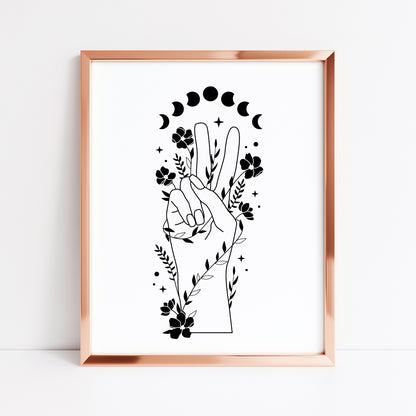 Celestial style hand peace sign doodle flowers + moon phases, office unframed wall art poster print