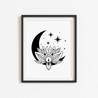 Celestial lotus half moon star illustration bedroom office unframed wall art poster print