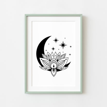 Bedroom print, Lotus flower celestial moon phase bedroom unframed wall art poster print
