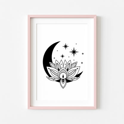 Celestial lotus half moon star illustration bedroom office unframed wall art poster print