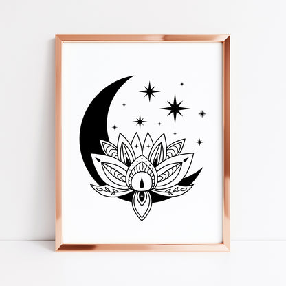 Celestial lotus half moon star illustration bedroom office unframed wall art poster print