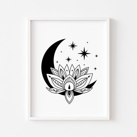 Celestial lotus half moon star illustration bedroom office unframed wall art poster print