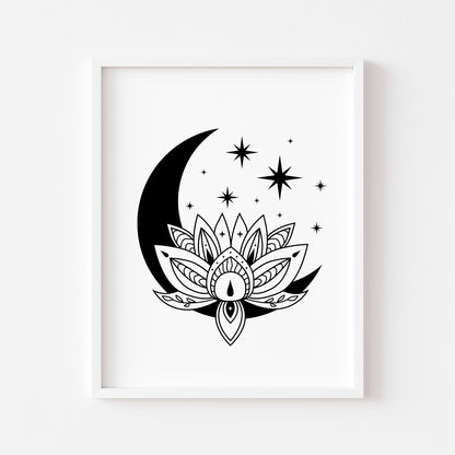 Bedroom print, Lotus flower celestial moon phase bedroom unframed wall art poster print