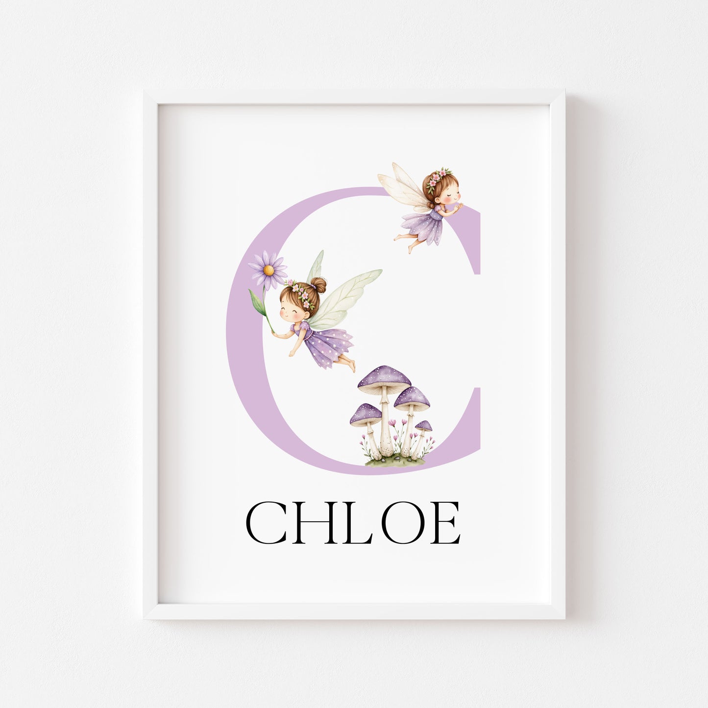 Purple Fairies Initial Print Personalised Nursery wall art Decor (Unframed)
