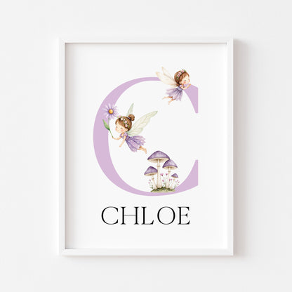 Purple Fairies Initial Print Personalised Nursery wall art Decor (Unframed)