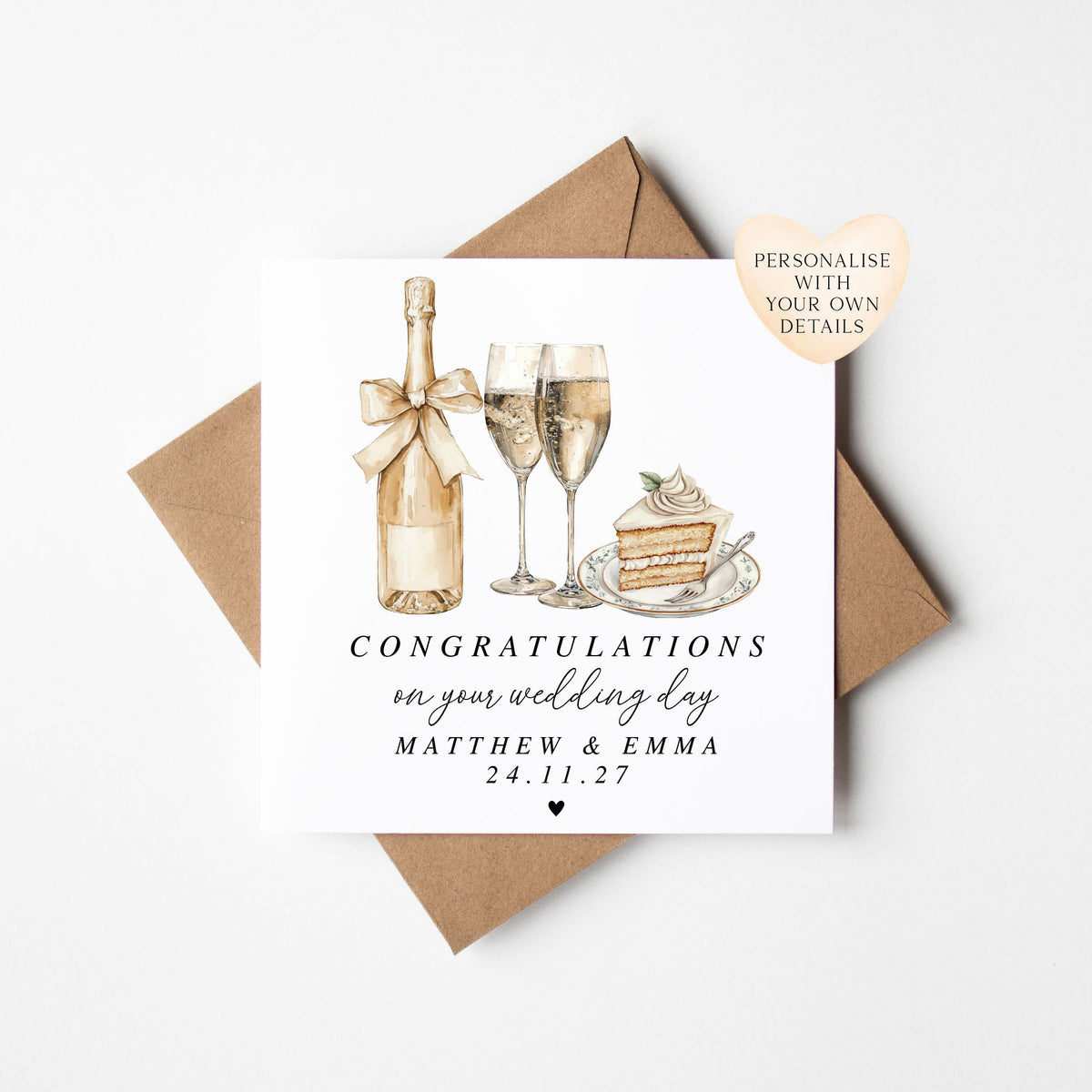 Wedding Card, congratulations champagne, rings & cake elegant card with Kraft Envelope