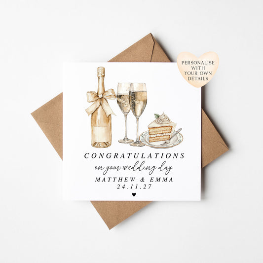 Wedding Card, congratulations champagne, rings & cake elegant card with Kraft Envelope