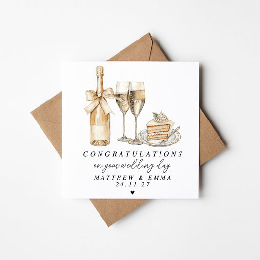 Wedding Card, congratulations champagne, rings & cake elegant card with Kraft Envelope