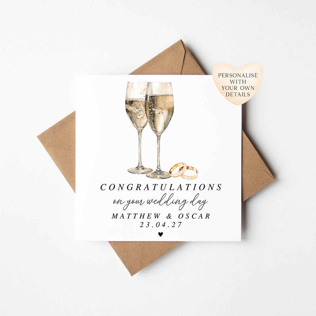 Wedding Card, congratulations champagne & rings elegant card with Kraft Envelope