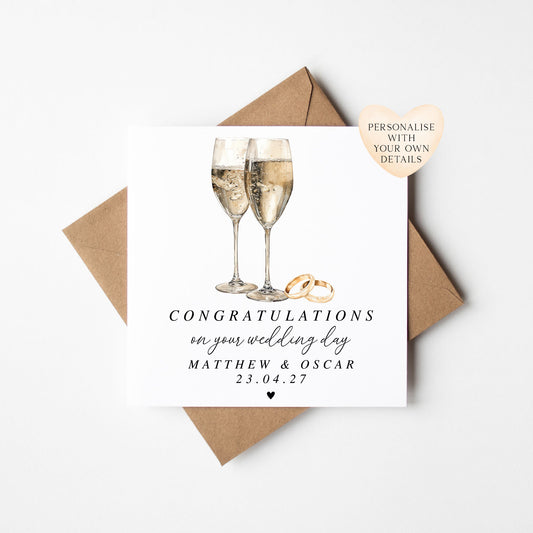 Wedding Card, congratulations champagne & rings elegant card with Kraft Envelope