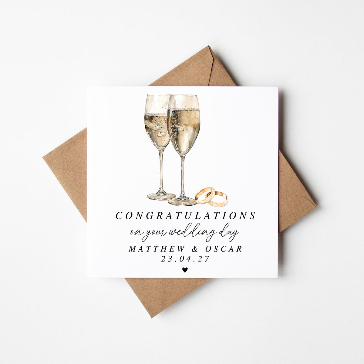 Wedding Card, congratulations champagne & rings elegant card with Kraft Envelope