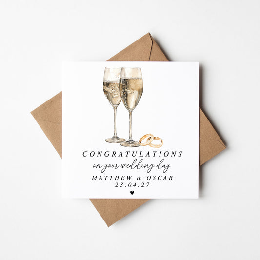 Wedding Card, congratulations champagne & rings elegant card with Kraft Envelope
