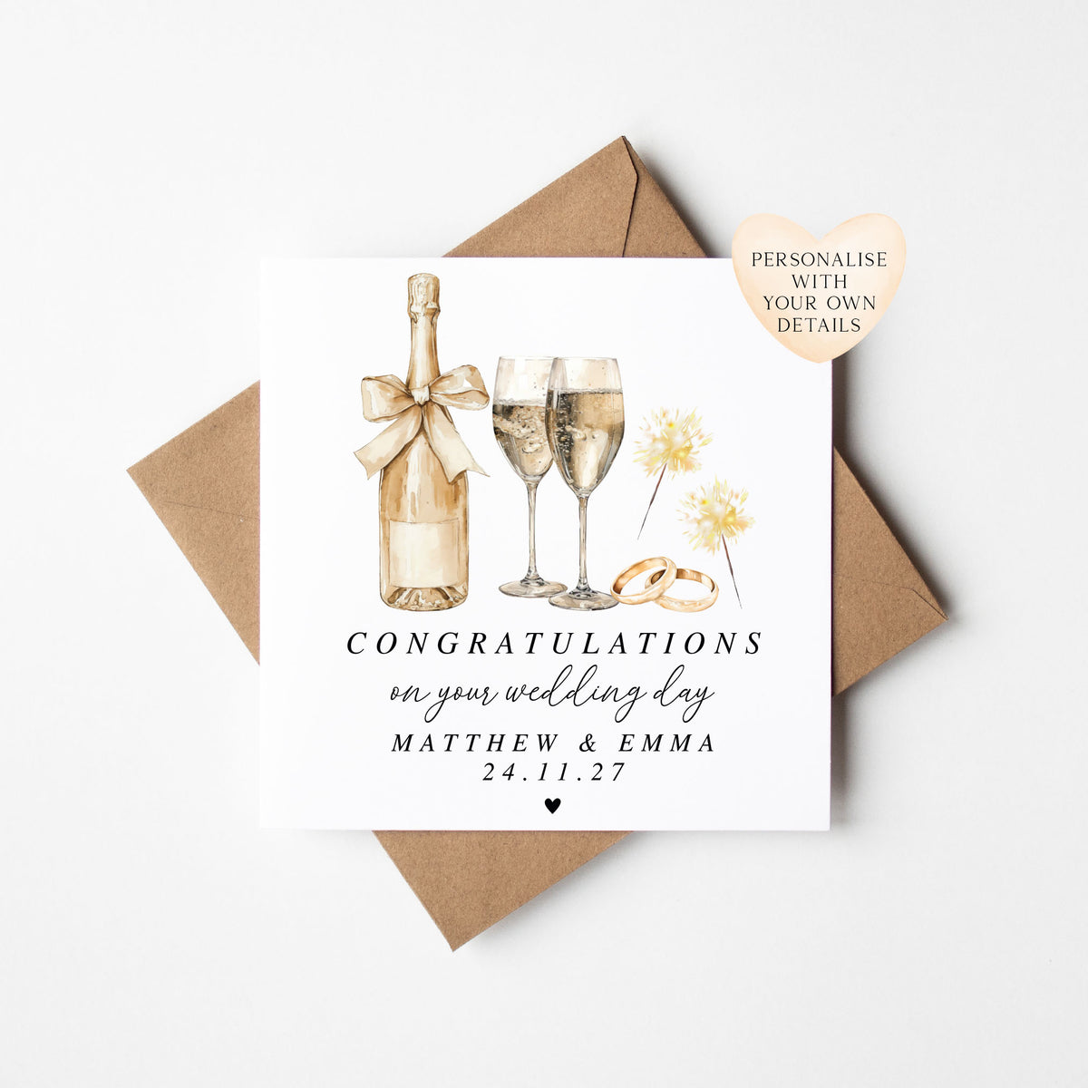 Wedding Card, congratulations champagne, rings & sparklers elegant card with Kraft Envelope