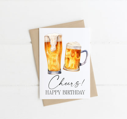 Birthday card, cheers happy birthday mate, friend, man, beer, cider, alchohol lover funny card with envelope,kraft brown or white