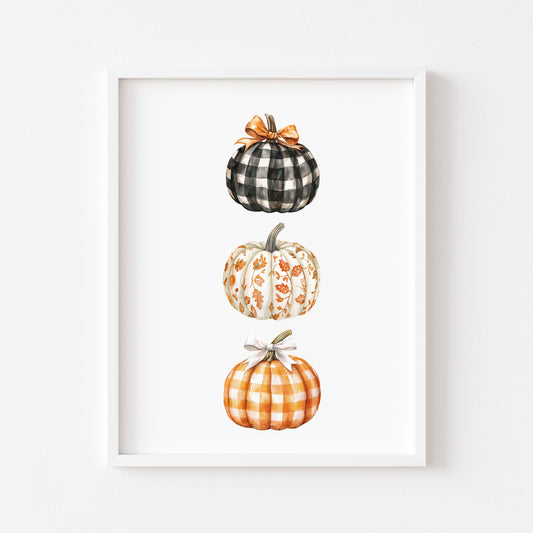Watercolour Pumpkin Print Trio of chequered bow patterned pumpkins Autumn Decor wall art (unframed)