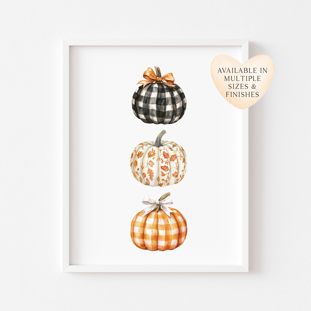 Watercolour Pumpkin Print Trio of chequered bow patterned pumpkins Autumn Decor wall art (unframed)