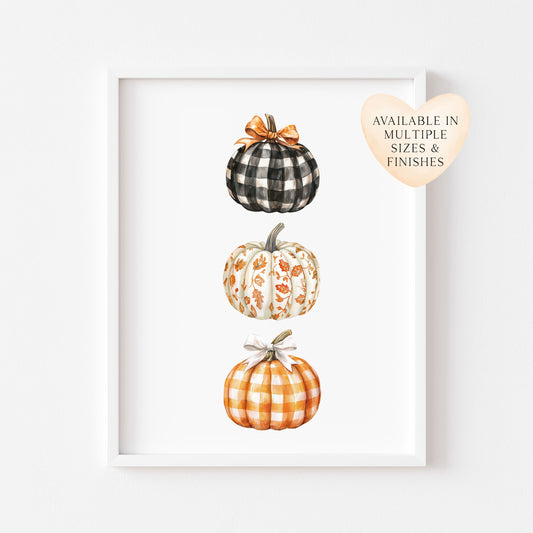 Watercolour Pumpkin Print Trio of chequered bow patterned pumpkins Autumn Decor wall art (unframed)