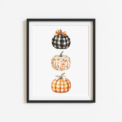 Watercolour Pumpkin Print Trio of chequered bow patterned pumpkins Autumn Decor wall art (unframed)