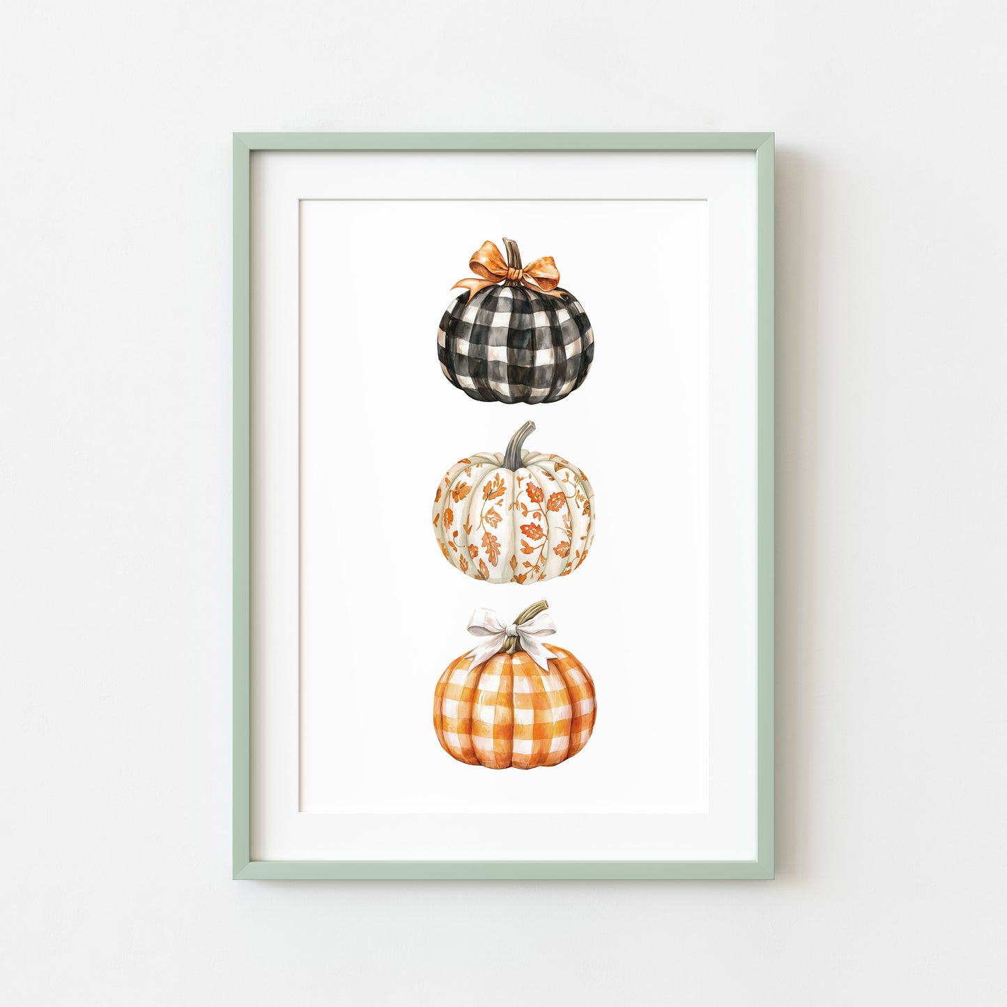 Watercolour Pumpkin Print Trio of chequered bow patterned pumpkins Autumn Decor wall art (unframed)