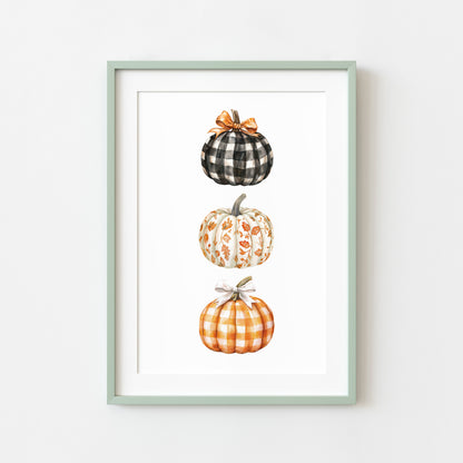 Watercolour Pumpkin Print Trio of chequered bow patterned pumpkins Autumn Decor wall art (unframed)
