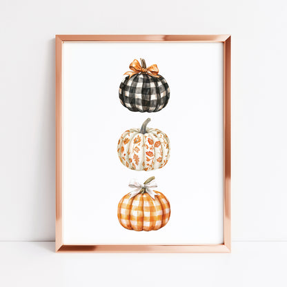 Watercolour Pumpkin Print Trio of chequered bow patterned pumpkins Autumn Decor wall art (unframed)