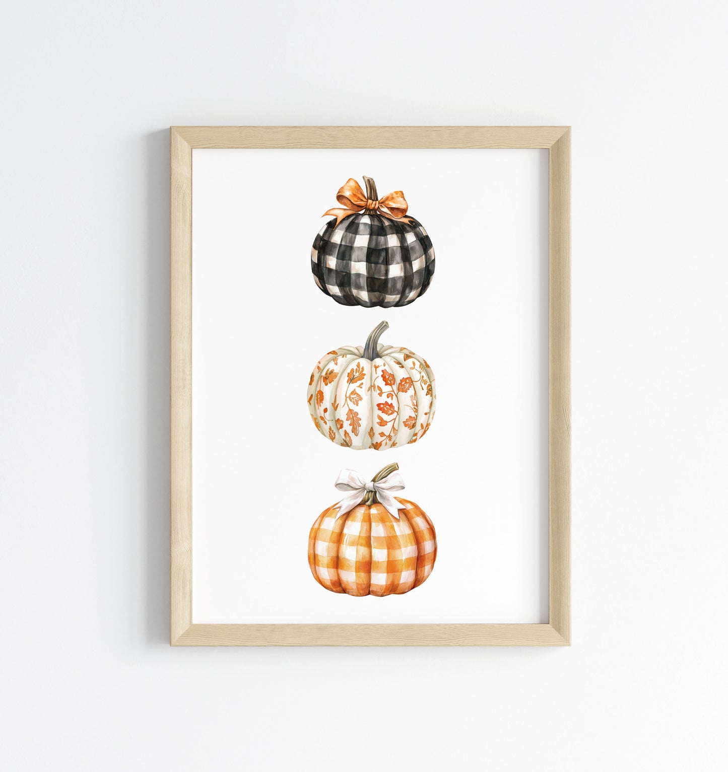 Watercolour Pumpkin Print Trio of chequered bow patterned pumpkins Autumn Decor wall art (unframed)