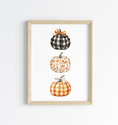Watercolour Pumpkin Print Trio of chequered bow patterned pumpkins Autumn Decor wall art (unframed)