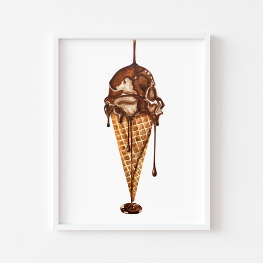 Ice cream chocolate cone watercolour chocolate kitchen seasonal unframed wall art poster print, seasonal decor, icecream gift, icecream lover