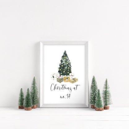 Personalised Christmas at no. (your house name or number) Christmas tree xmas seasonal unframed wall art poster print