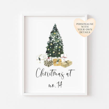 Personalised Christmas at no. (your house name or number) Christmas tree xmas seasonal unframed wall art poster print