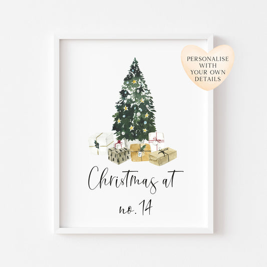 Personalised Christmas at no. (your house name or number) Christmas tree xmas seasonal unframed wall art poster print