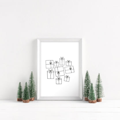 Christmas gifts, line drawing presents xmas seasonal unframed wall art poster print