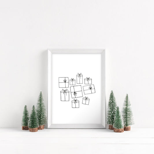 Christmas gifts, line drawing presents xmas seasonal unframed wall art poster print