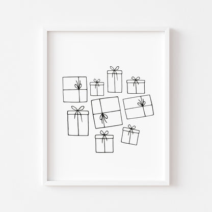 Christmas gifts, line drawing presents xmas seasonal unframed wall art poster print