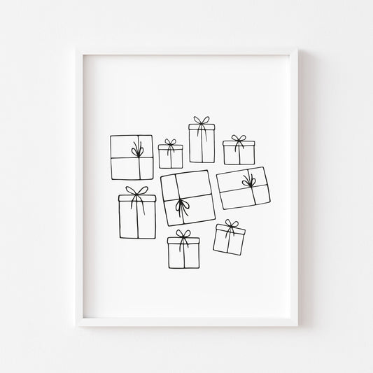 Christmas gifts, line drawing presents xmas seasonal unframed wall art poster print
