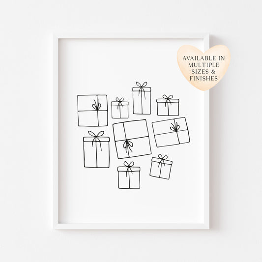 Christmas gifts, line drawing presents xmas seasonal unframed wall art poster print