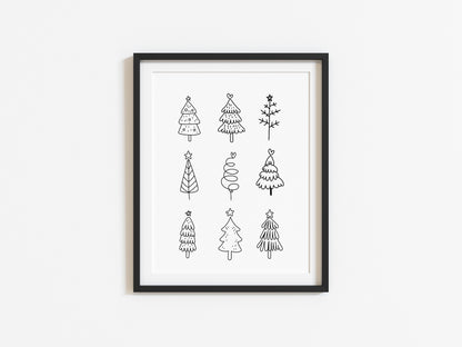 Christmas trees line drawing fun xmas seasonal unframed wall art poster print