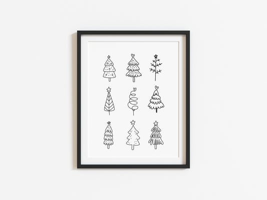 Christmas trees line drawing fun xmas seasonal unframed wall art poster print
