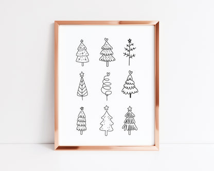 Christmas trees line drawing fun xmas seasonal unframed wall art poster print