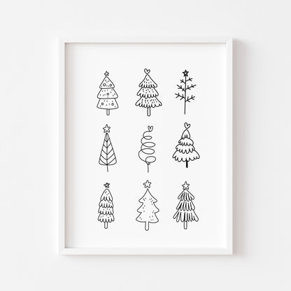 Christmas trees line drawing fun xmas seasonal unframed wall art poster print
