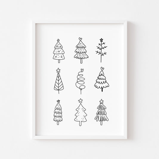 Christmas trees line drawing fun xmas seasonal unframed wall art poster print