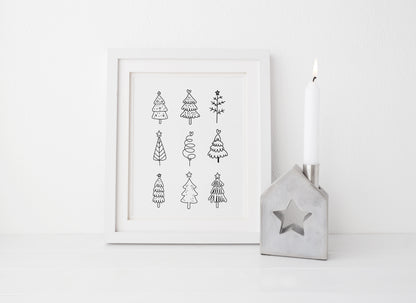 Christmas trees line drawing fun xmas seasonal unframed wall art poster print
